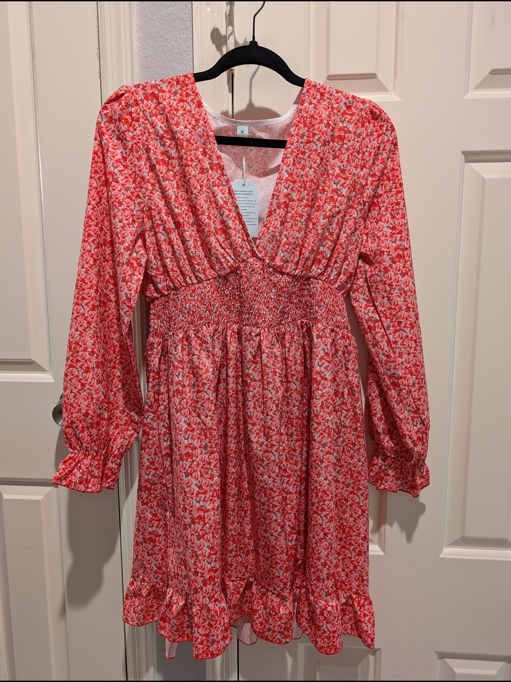 Vibrant Red Floral Smocked Waist V-Neck Dress